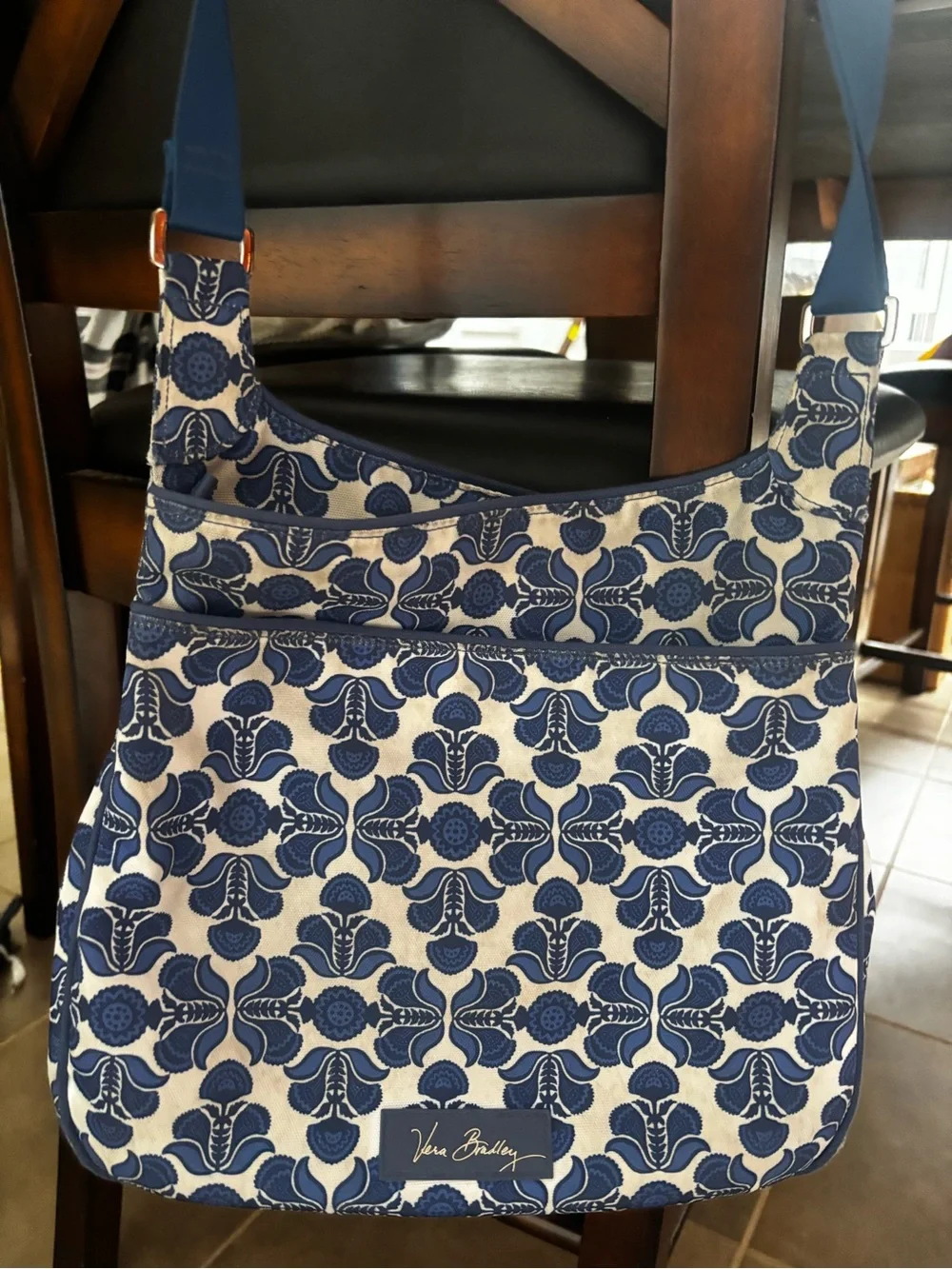 Vera Bradley Cobalt Tile Blue & White Handbag Shoulder Bag Adjustable Strap EUC